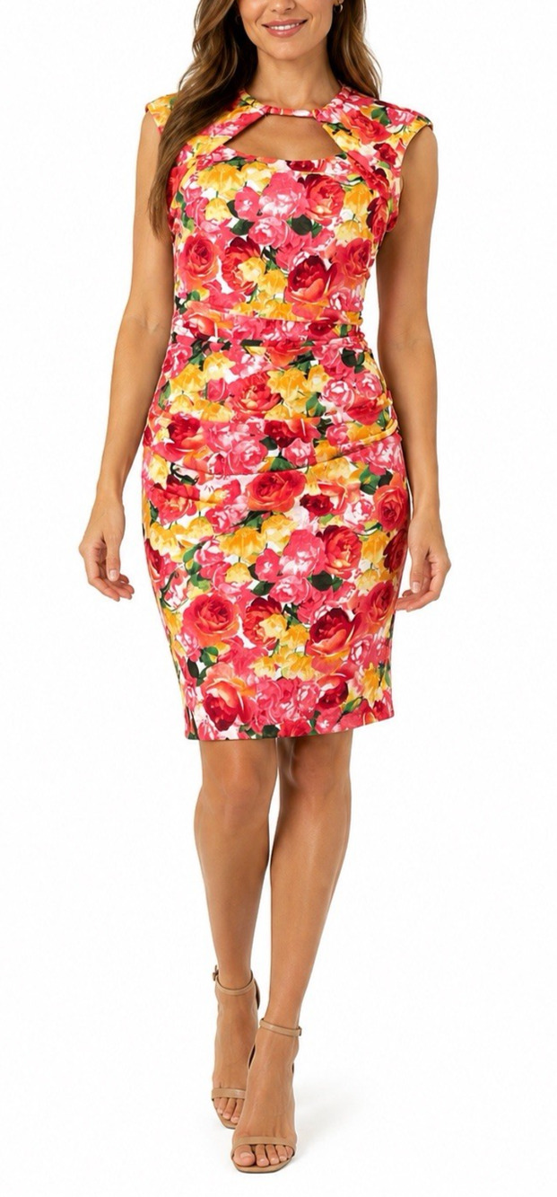 Cache Dress Sheath Sleeveless Floral Ruched Tulle Mesh Back Zip Knee Length 12